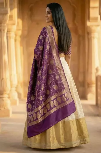 Pure Munga Silk Unstitched Banarasi Lehanga Set in Multicolour with Blouse