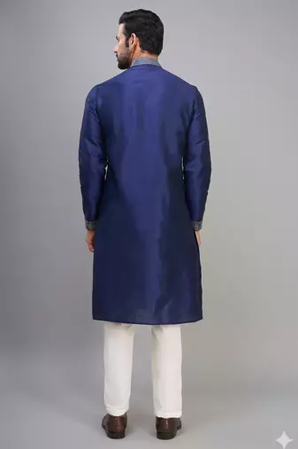 men’s navy silk kurta set with multicolor floral work