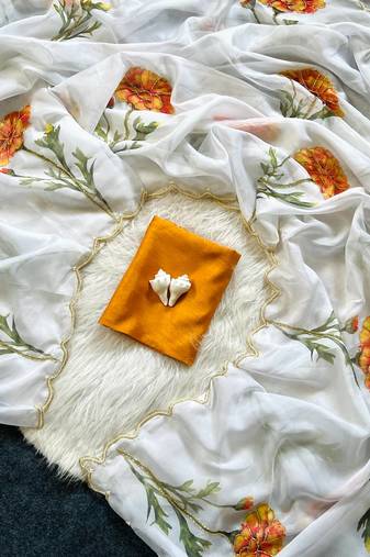 White Color Floral & Sparrow Print And Khatali Handwork  Silk Saree