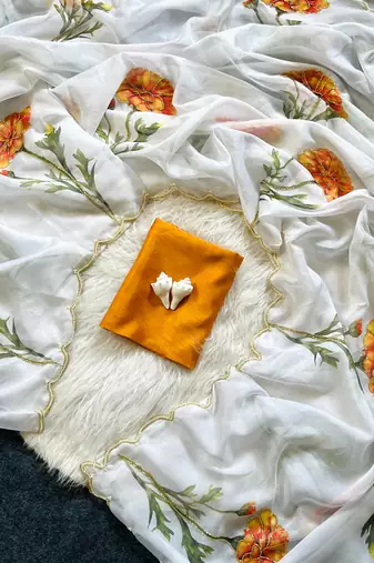 White Color Floral & Sparrow Print And Khatali Handwork  Silk Saree