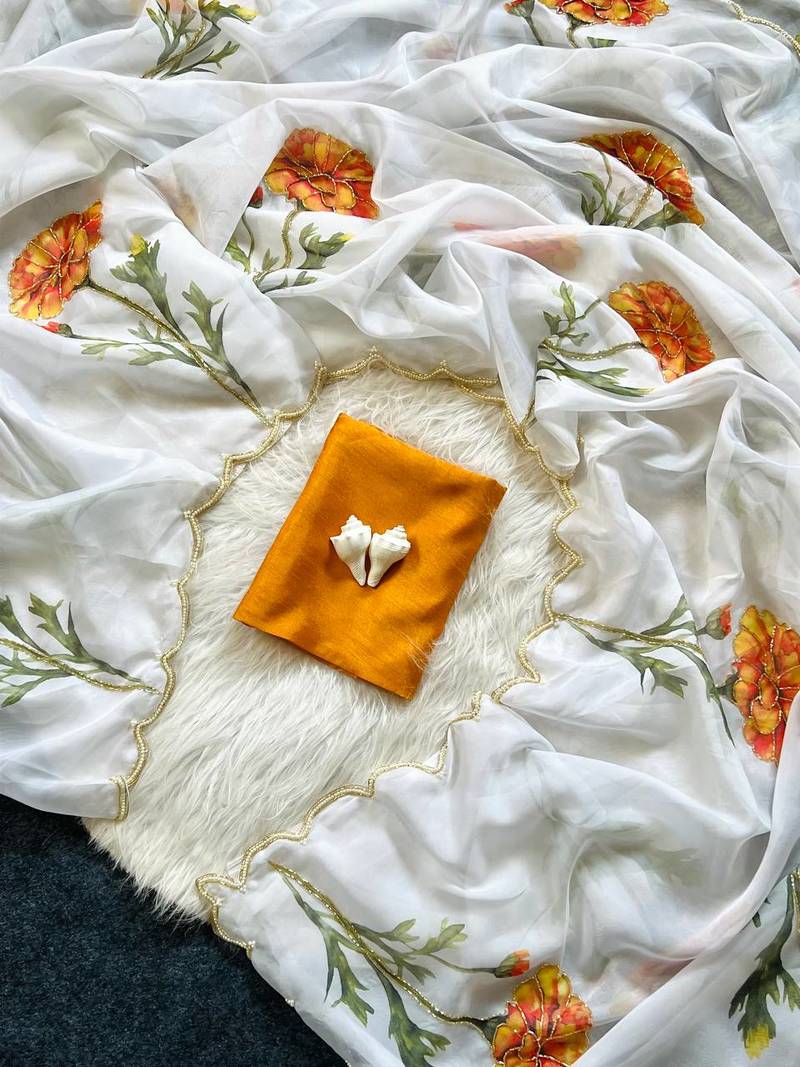 White Color Floral & Sparrow Print And Khatali Handwork  Silk Saree