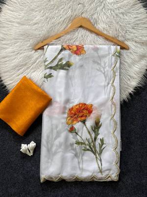 White Color Floral & Sparrow Print And Khatali Handwork  Silk Saree 2