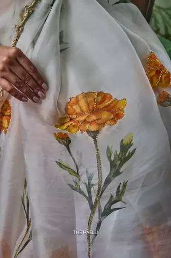 White Color Floral & Sparrow Print And Khatali Handwork  Silk Saree