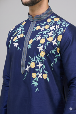 men’s navy silk kurta set with multicolor floral work 4