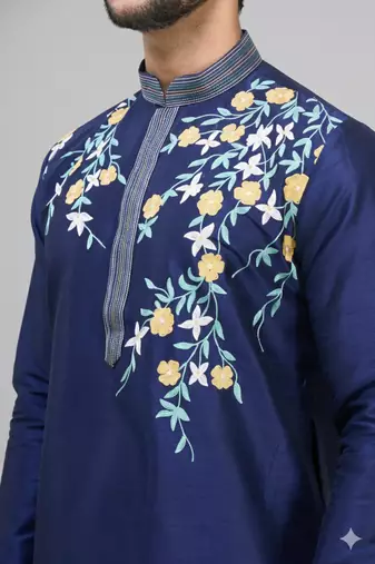 men’s navy silk kurta set with multicolor floral work