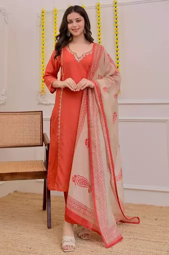 Women's Gorgeous Embroidery Work Rayon Slub Fabric Straight Kurta Pant and Dupatta Set