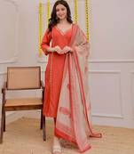 Women's Gorgeous Embroidery Work Rayon Slub Fabric Straight Kurta Pant and Dupatta Set