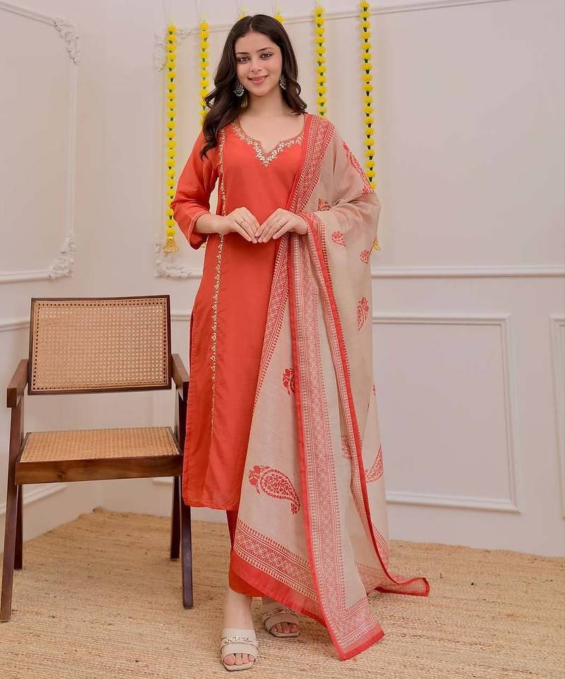 Women's Gorgeous Embroidery Work Rayon Slub Fabric Straight Kurta Pant and Dupatta Set