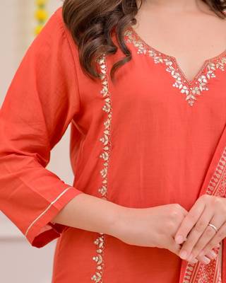 Women's Gorgeous Embroidery Work Rayon Slub Fabric Straight Kurta Pant and Dupatta Set 2