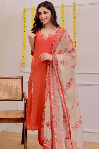 Women's Gorgeous Embroidery Work Rayon Slub Fabric Straight Kurta Pant and Dupatta Set