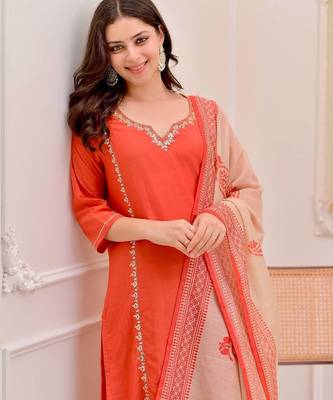 Women's Gorgeous Embroidery Work Rayon Slub Fabric Straight Kurta Pant and Dupatta Set 4