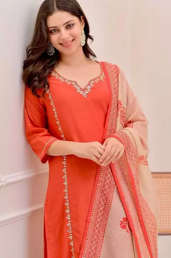 Women's Gorgeous Embroidery Work Rayon Slub Fabric Straight Kurta Pant and Dupatta Set