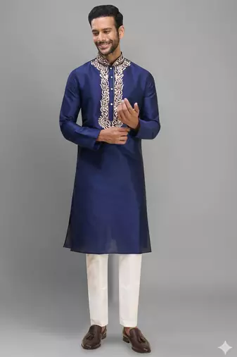 navy blue embroidered silk men’s kurta pant set