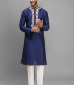 navy blue embroidered silk men’s kurta pant set
