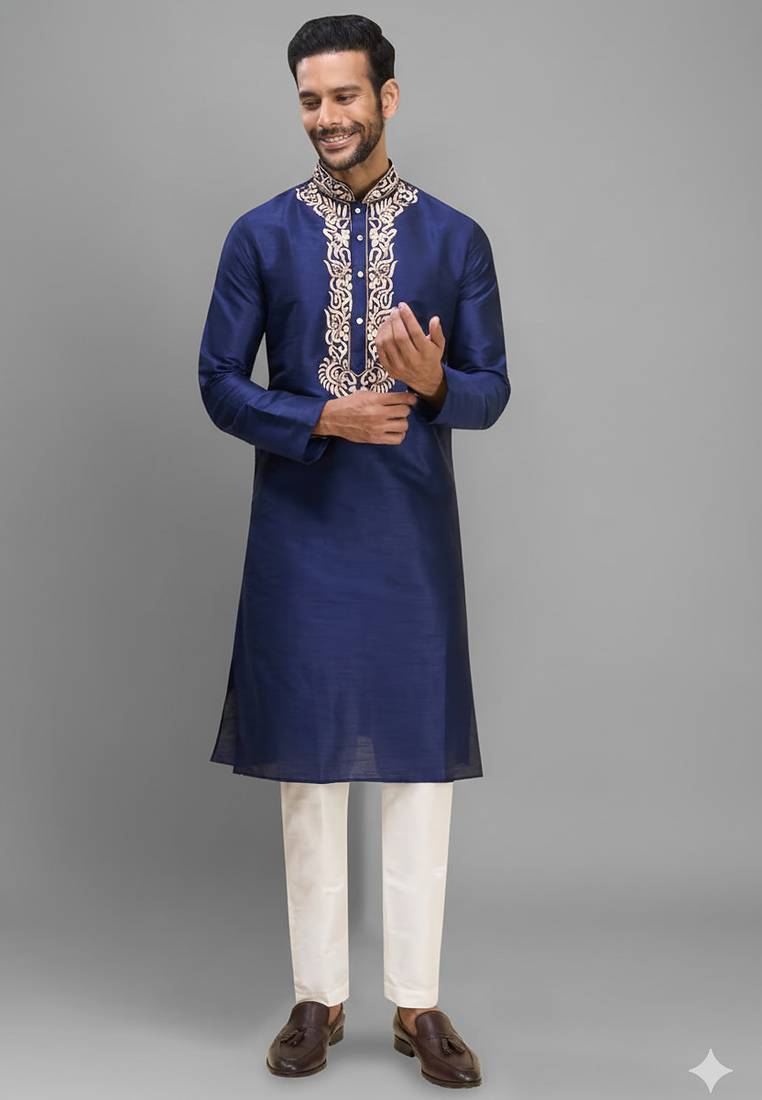navy blue embroidered silk men’s kurta pant set