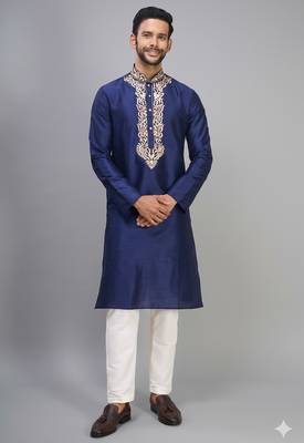 navy blue embroidered silk men’s kurta pant set 2