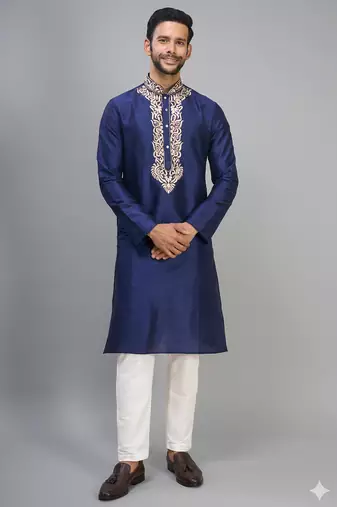navy blue embroidered silk men’s kurta pant set