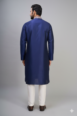 navy blue embroidered silk men’s kurta pant set 3
