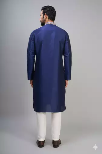 navy blue embroidered silk men’s kurta pant set