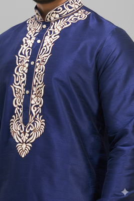 navy blue embroidered silk men’s kurta pant set 4