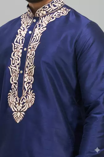 navy blue embroidered silk men’s kurta pant set