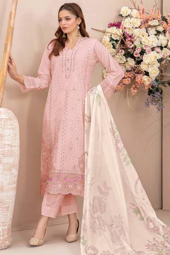 Pink faux georgette semi stitched suit with embroidery work