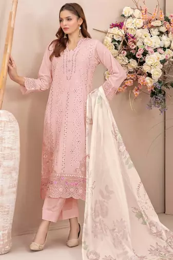Pink faux georgette semi stitched suit with embroidery work