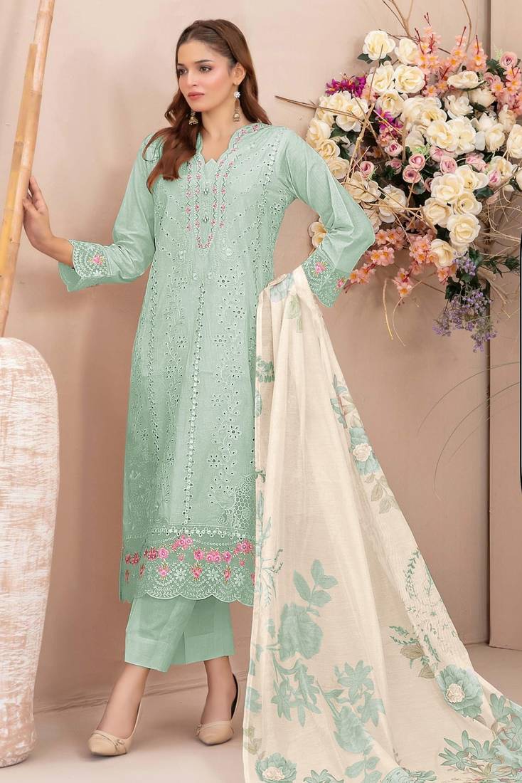 Sky faux georgette semi stitched suit with embroidery work
