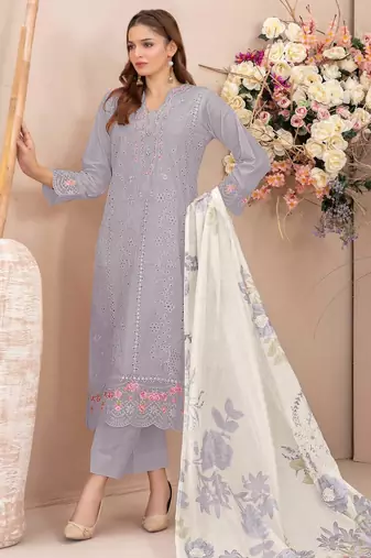 Grey  faux georgette semi stitched suit with embroidery work