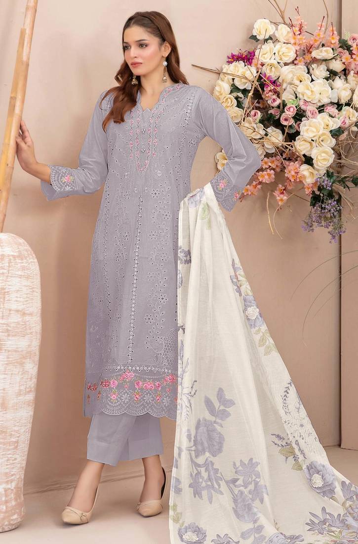 Grey  faux georgette semi stitched suit with embroidery work