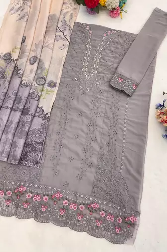 Grey faux georgette suit with embroidery 