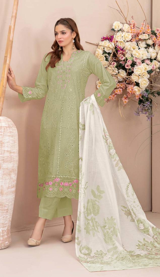 Mehendi faux georgette semi stitched suit with embroidery work