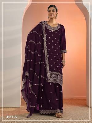 Wine faux georgette suit with embroidery  1