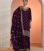 Wine faux georgette semi stitched suit with embroidery work