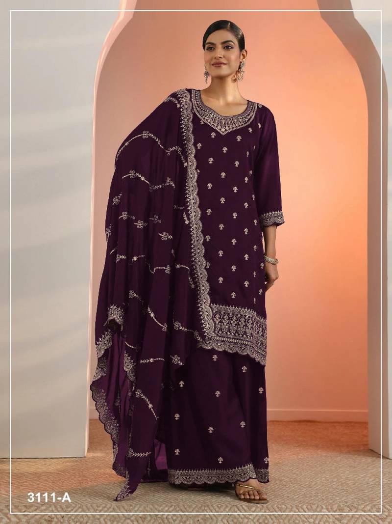 Wine faux georgette semi stitched suit with embroidery work