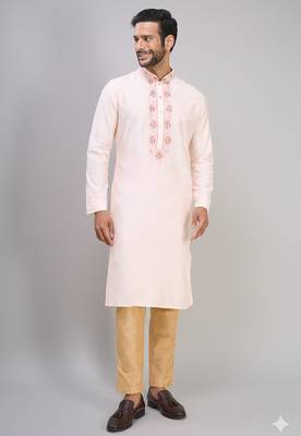 cream embroidered silk men’s kurta pant set 1