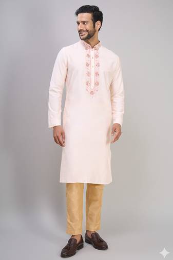 cream embroidered silk men’s kurta pant set