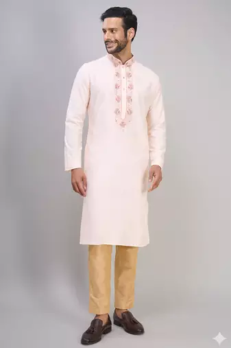 cream embroidered silk men’s kurta pant set