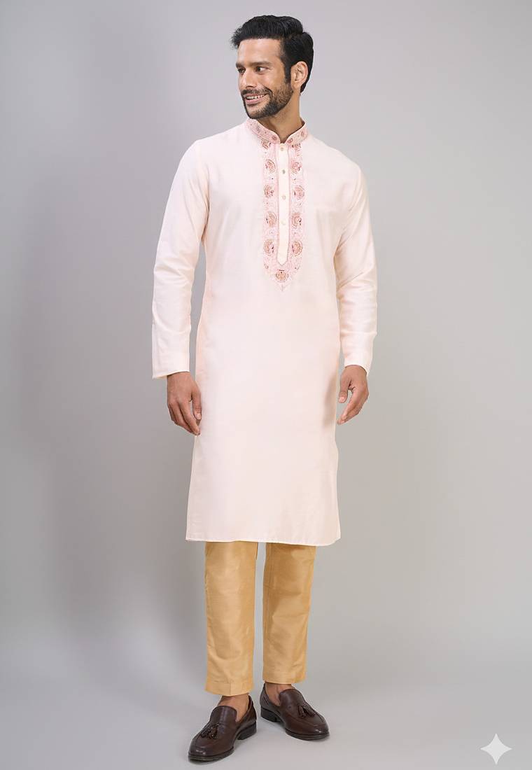 cream embroidered silk men’s kurta pant set