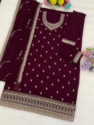 Wine faux georgette suit with embroidery  2