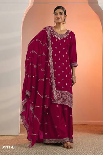 D red faux georgette semi stitched suit with embroidery work