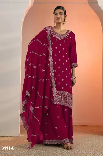 D red faux georgette semi stitched suit with embroidery work