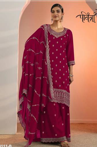 D red faux georgette semi stitched suit with embroidery work