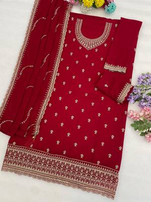 D red faux georgette suit with embroidery  2