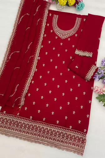 D red faux georgette suit with embroidery 