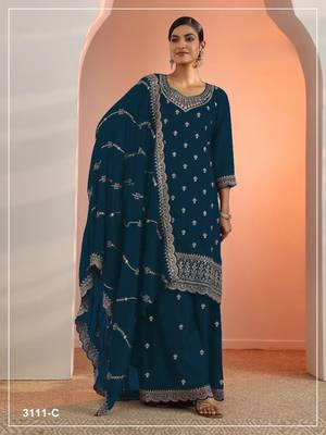 Teal faux georgette suit with embroidery  1