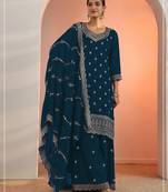 Teal faux georgette semi stitched suit with embroidery work
