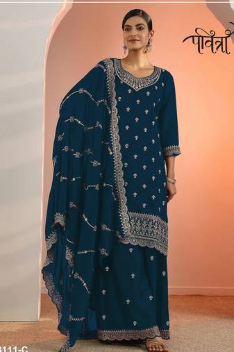 Teal faux georgette semi stitched suit with embroidery work