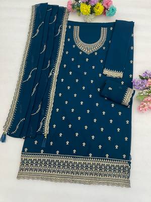 Teal faux georgette suit with embroidery  2