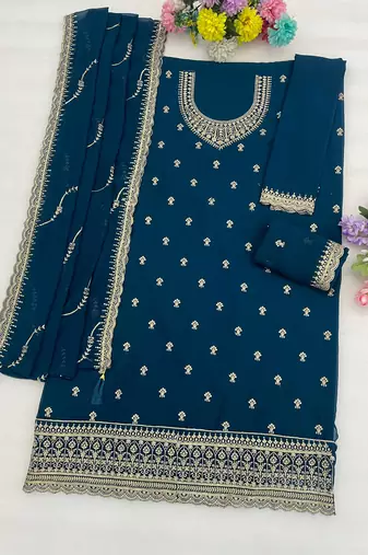 Teal faux georgette suit with embroidery 